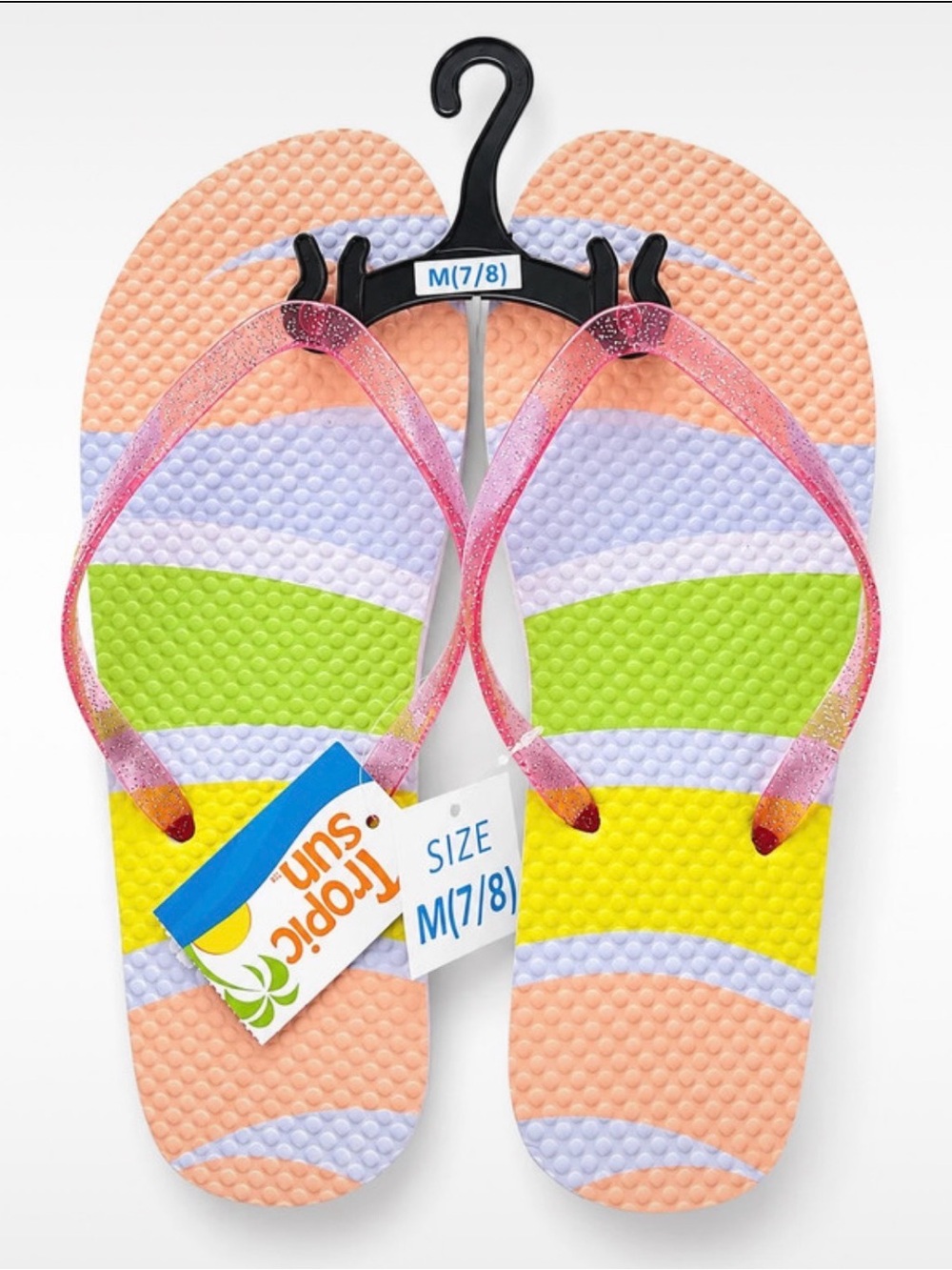Women ' Pink Glitter Strap Multi-Stripe Flip Flops